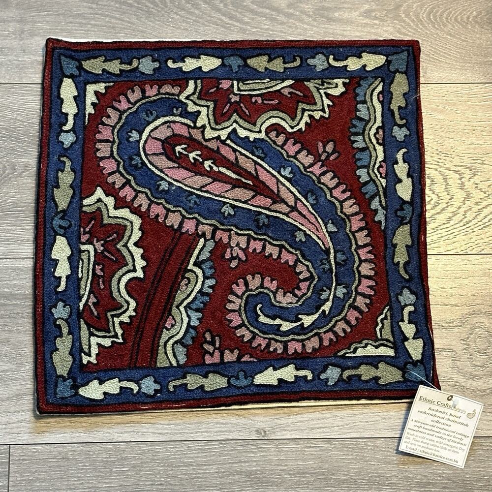 Kashmiri Wool Pillow Sham Case Cover Multicolor Paisley Hand Embroidered Cotton